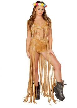 Roma Costume 3589 - 1pc Brown Tie Dye Suide Long Fringe Open Front Skirt