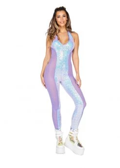 Roma Costume 3802 - 1pc Haltered Catsuit With Mesh And Sequin Detail Rave Wear