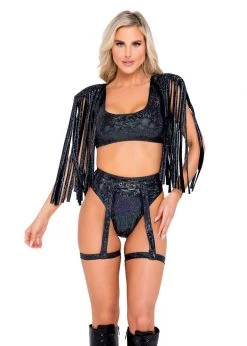 Roma Rave Wear 6073 - Shimmer Crop Top With Fringe Detail