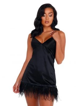 Roma Confidential Lingerie LI400 - Soft Satin Chemise With Ostrich Feathered Trim