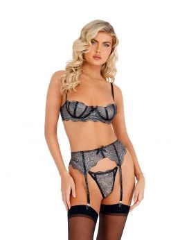Roma Confidential Lingerie LI404 - 3pc Metallic Bra & Garter Set