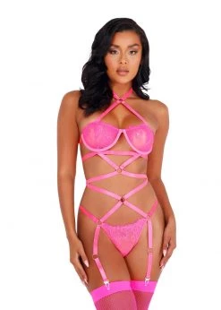 Roma Confidential Lingerie LI421 - Lacey Criss-Cross Underwired Teddy With Garters