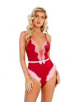 Roma Confidential LI425 - 1pc Marabou Satin Teddy With Bow Detail