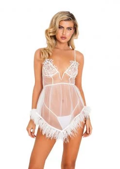 Roma Confidential LI450 - 2pc Bridal Corset Chemise With Ostrich Feather Trim & Panty