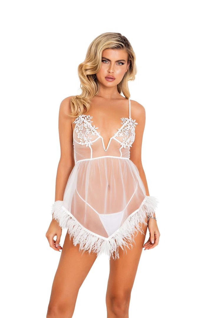 Roma Confidential LI450 - 2pc Bridal Corset Chemise With Ostrich Feather Trim & Panty 1 Roma Confidential LI450 - 2pc Bridal Corset Chemise With Ostrich Feather Trim & Panty