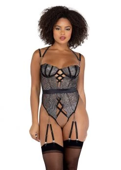 Roma Confidential LI470 - Sparkle Gartered Crotchless Teddy Lingerie
