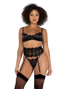 Roma Confidential LI473 - 3PC Embroidered Lace & Satin Bra Garter Set