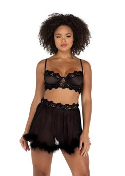 Roma Confidential Lingerie LI478 - 2PC Mesh Underwire Bralette & Skirt Set With Faux Fur Detail