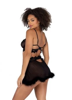 Roma Confidential Lingerie LI478 - 2PC Mesh Underwire Bralette & Skirt Set With Faux Fur Detail