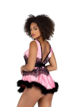 Roma Confidential LI480 - 2PC Satin & Lace Babydoll With Tie & Faux Feather Detail Lingerie