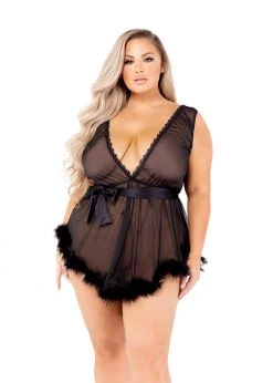 Roma Confidential LI482 - Low Cut Mesh Babydoll With Faux Fur Trim & Satin Tie