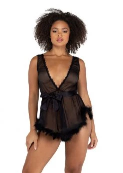 Roma Confidential LI482 - Low Cut Mesh Babydoll With Faux Fur Trim & Satin Tie