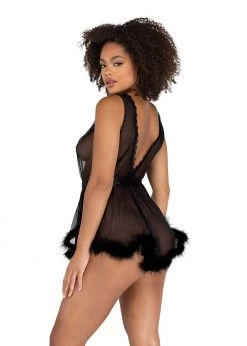 Roma Confidential LI482 - Low Cut Mesh Babydoll With Faux Fur Trim & Satin Tie