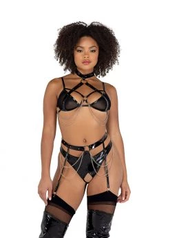 Roma Confidential Lingerie LI507 - 2PC Vinyl & Chain Crotchless Bra Set
